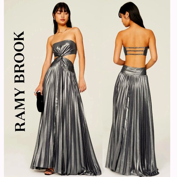 💥BREATHTAKING!💥Destiny Strapless Cut Out Pleated Gown in Metallic Silver